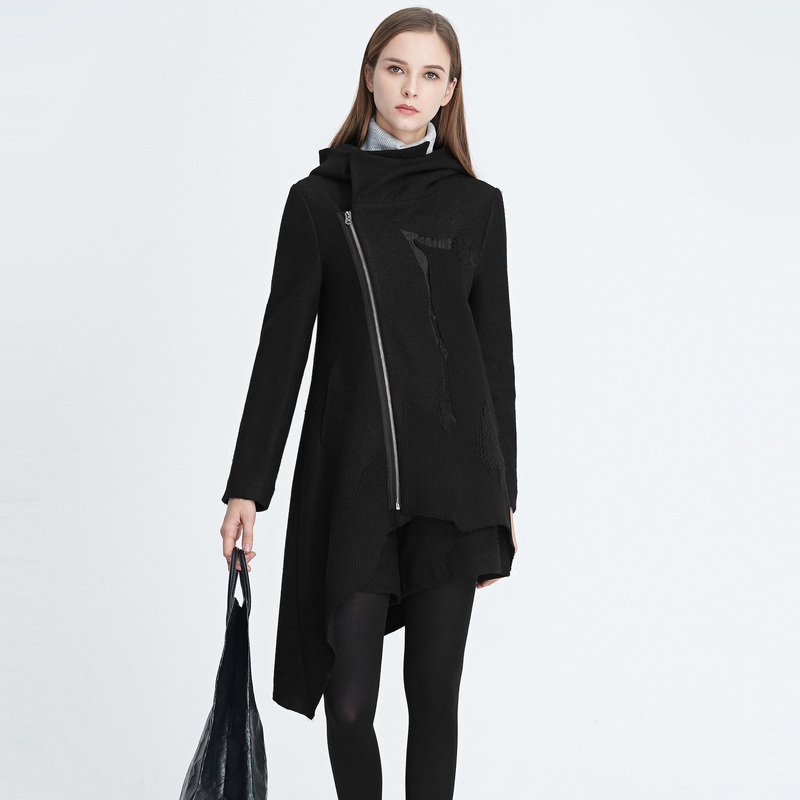 S·DEER圣迪奥女装冬新款高领连帽斜襟做旧磨破毛呢大衣S20481703