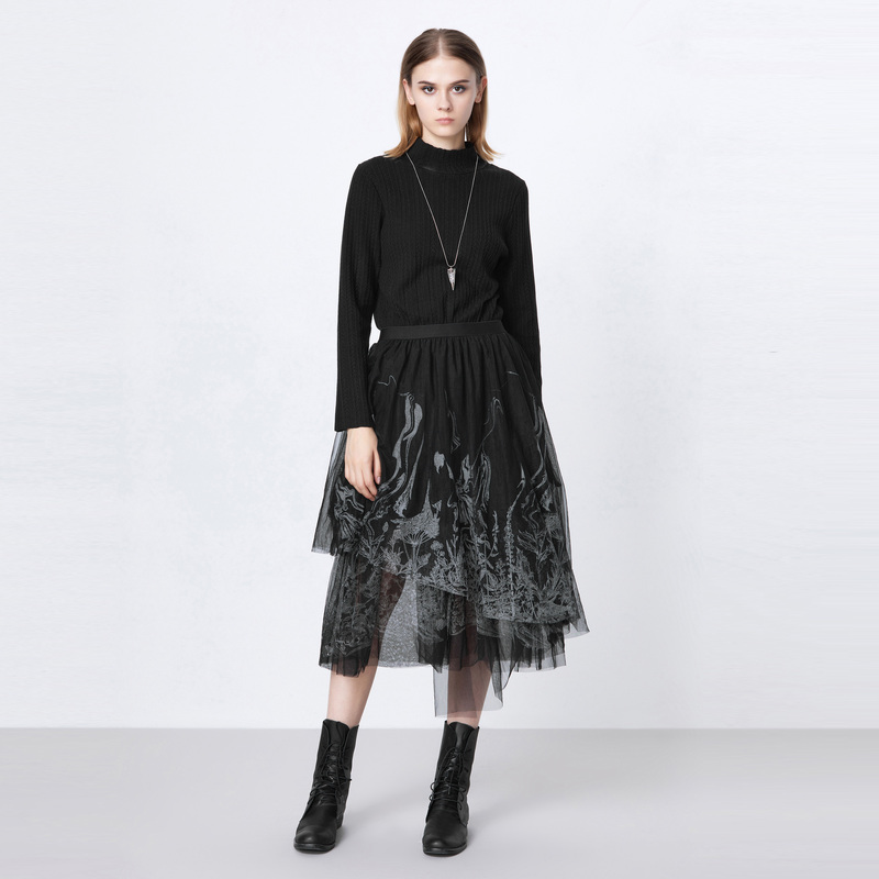 圣迪奥春季服饰气质半高领网纱印花拼接长袖针织连衣裙S21381203