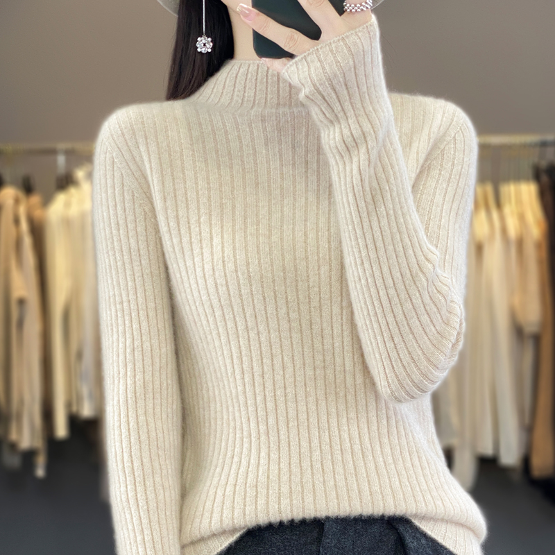 100%纯羊毛衫女半高领套头修身内搭打底秋冬新款纯色长袖针织毛衣
