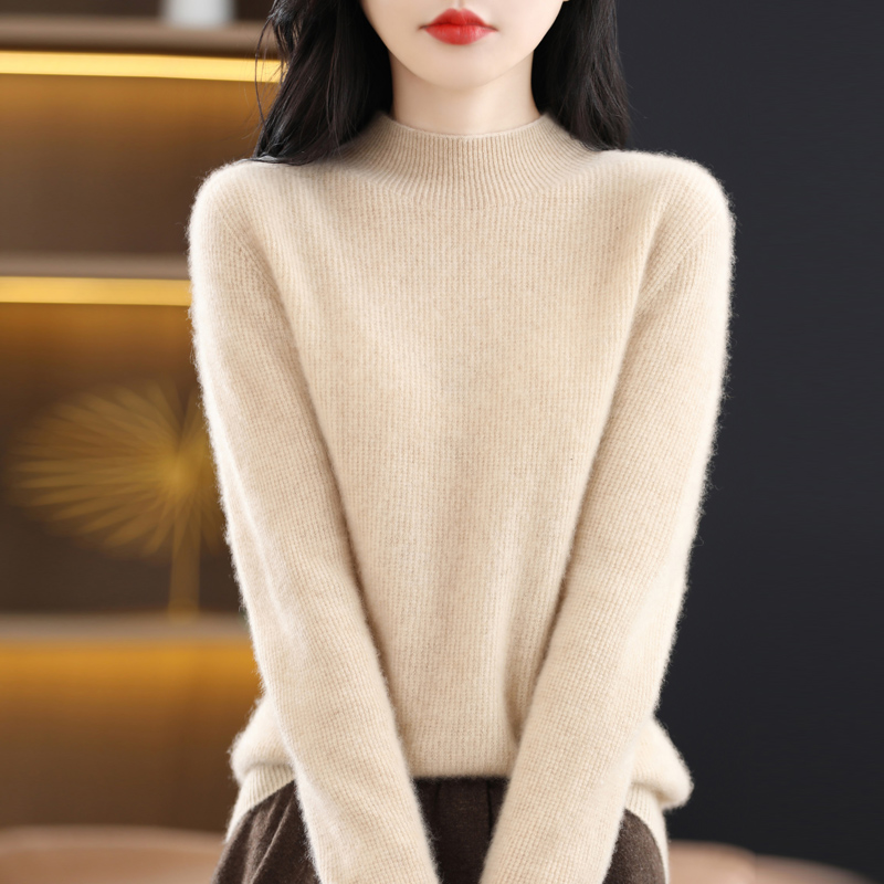 一线成衣100%纯羊毛衫女半高领套头修身内搭针织衫秋冬装打底
