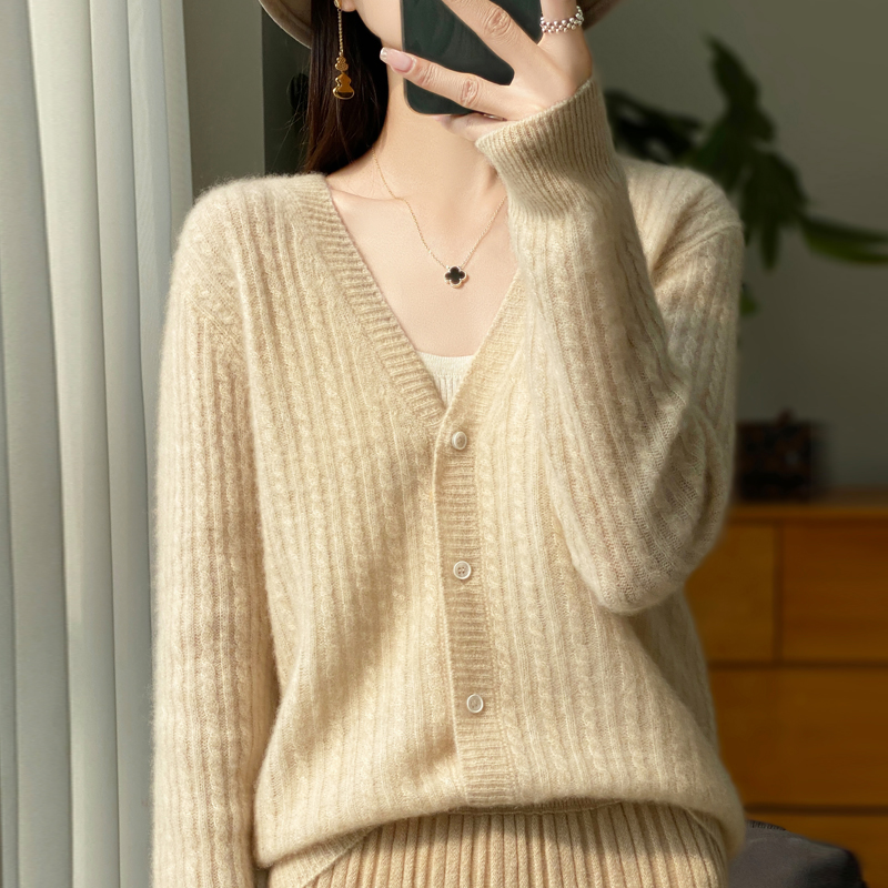 【重工绞花】100%纯羊毛开衫女V领宽松长袖外套新款纯色长袖针织衫