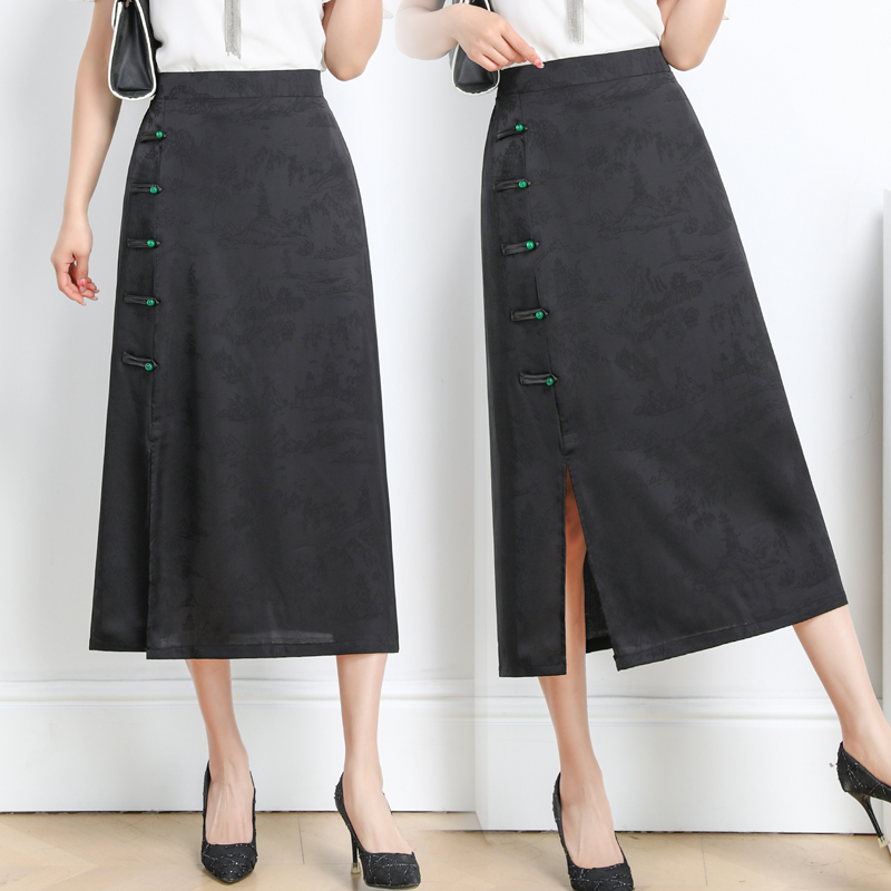 大码高级感新中式半身裙夏季开叉气质时尚女士中长款提花半身裙