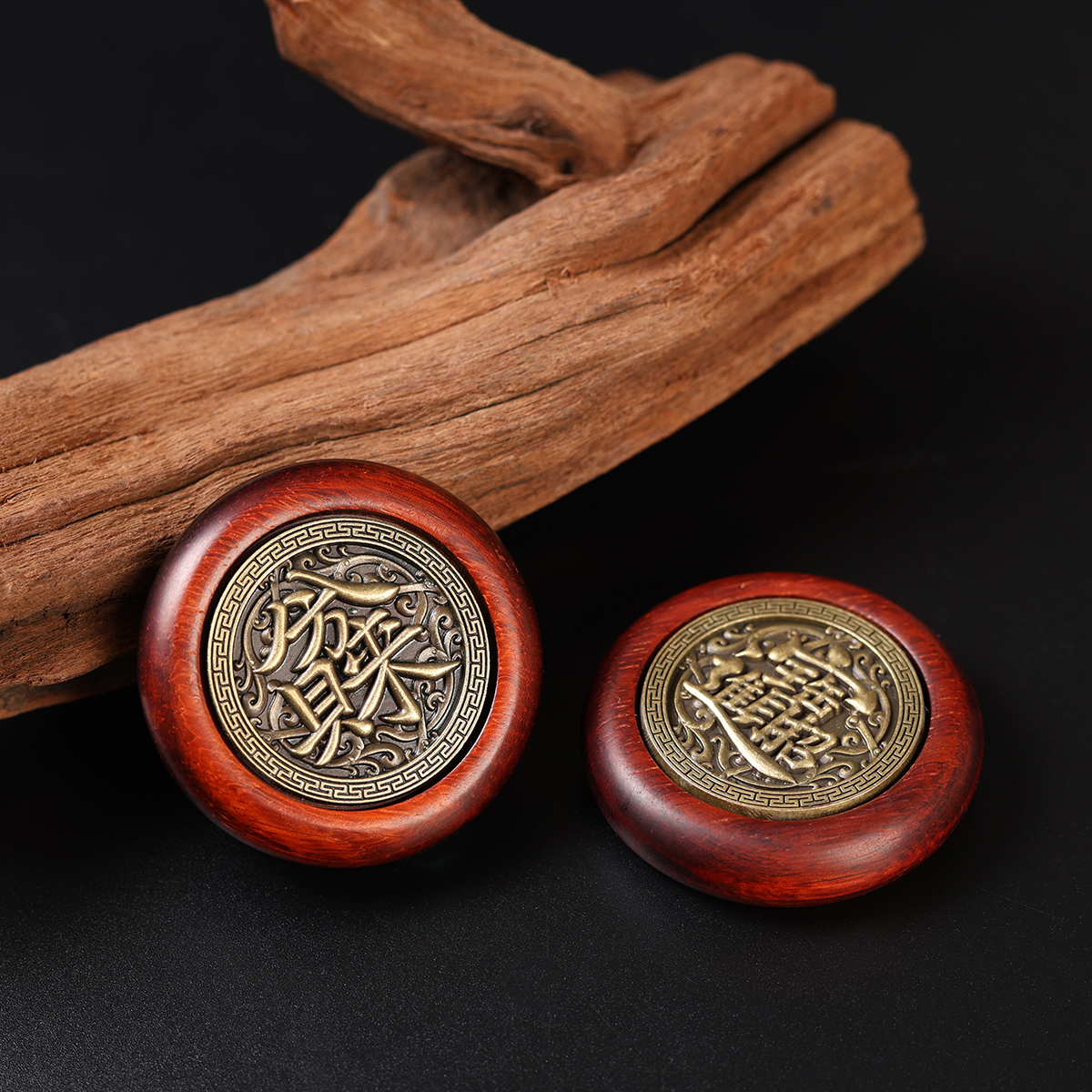 双面旋转缎光紫檀木手把件八方黄铜赚钱个性摆件指尖陀螺文玩解压