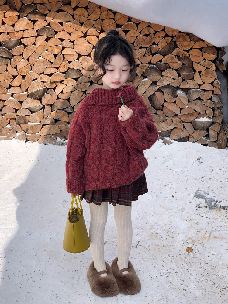 韩系女童冬季洋气圣诞新年红色套头毛衣上衣红格长裤半裙套装