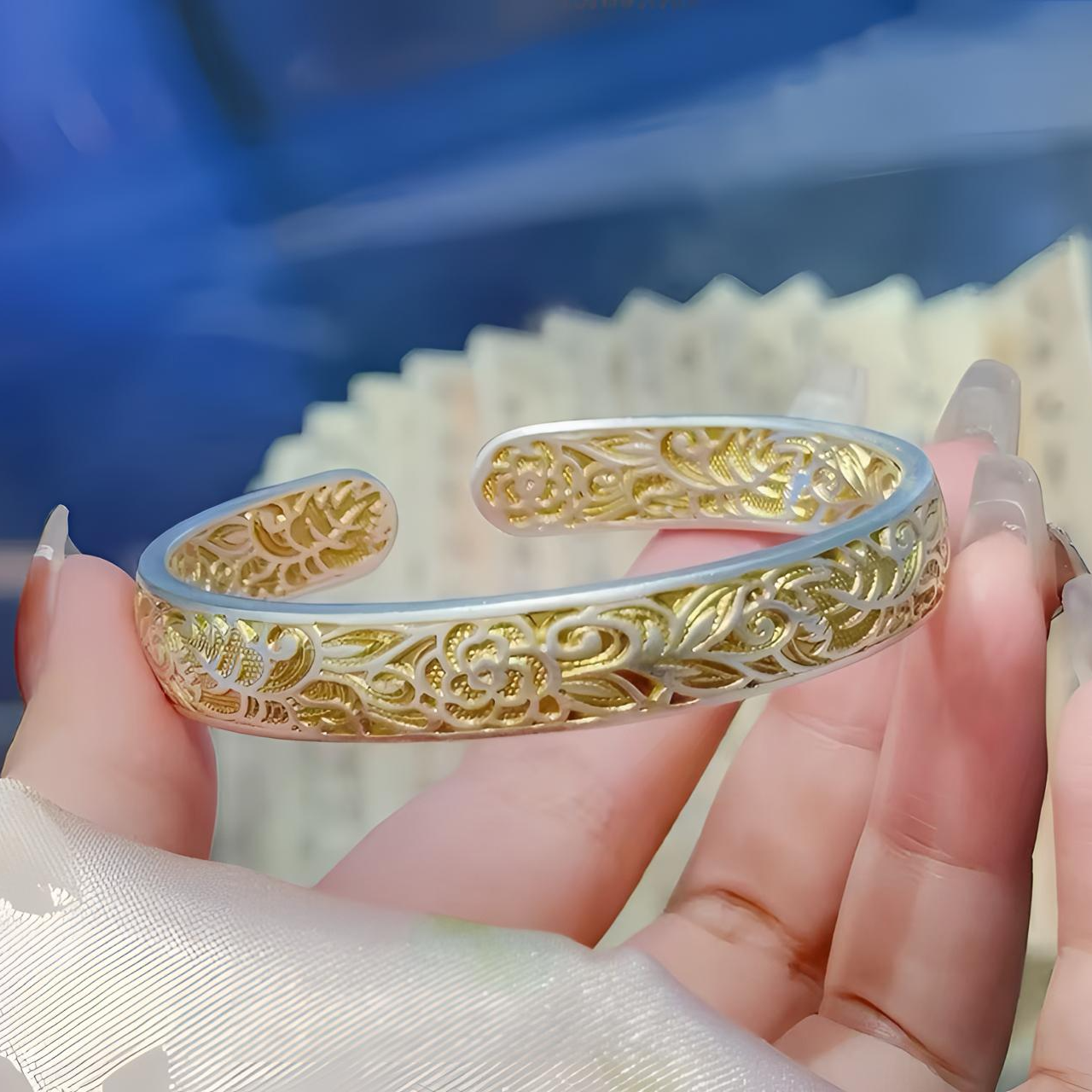 足银手镯 足银999.9轻奢描金浮雕花丝牡丹足银手镯MX