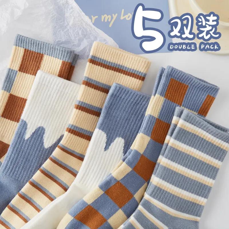 【2.9元5双】袜子女中筒袜ins潮秋冬季纯百搭日系可爱网红条纹长