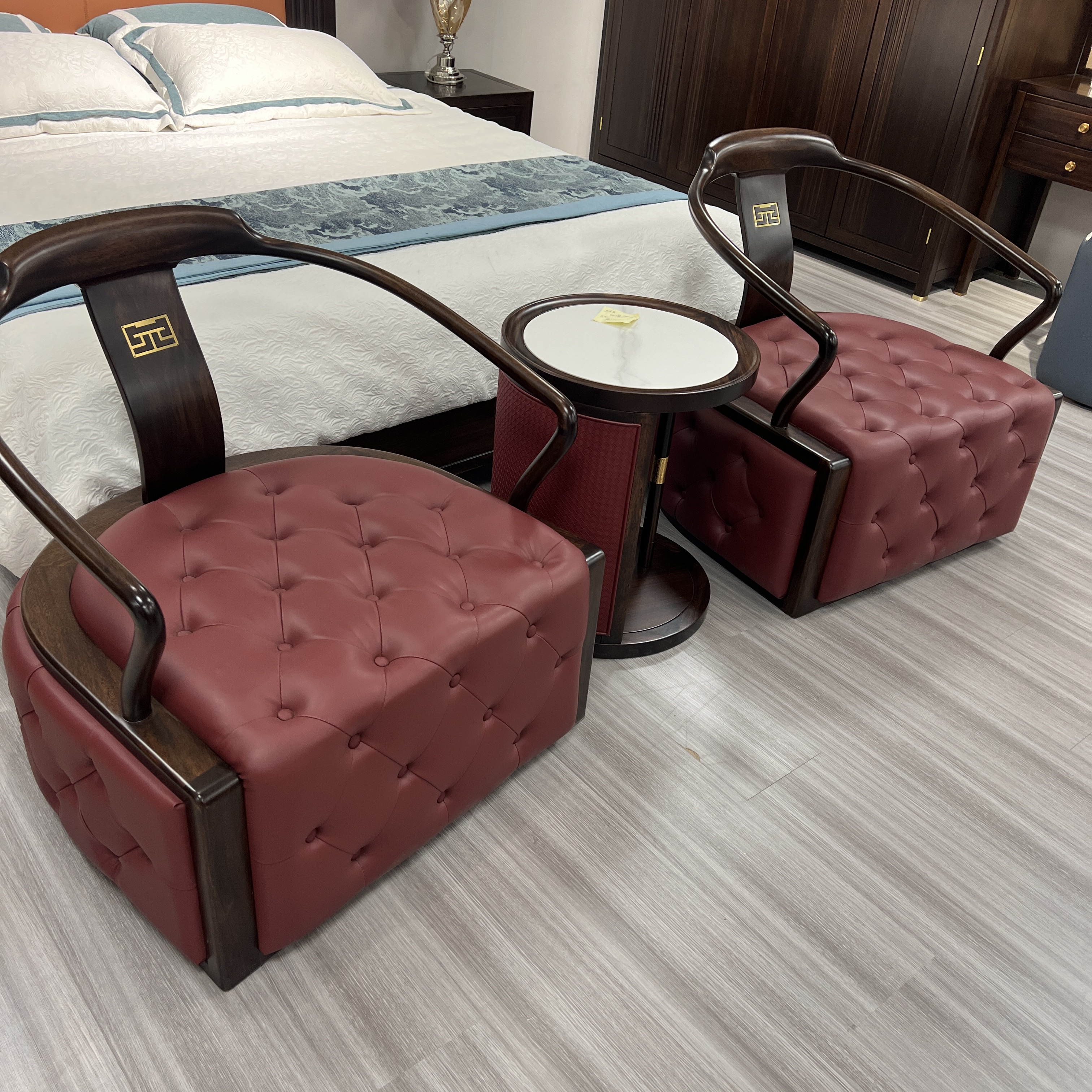 新中式实木黑檀木休闲椅休闲几组合简约轻奢皮艺家用茶椅阳台客厅