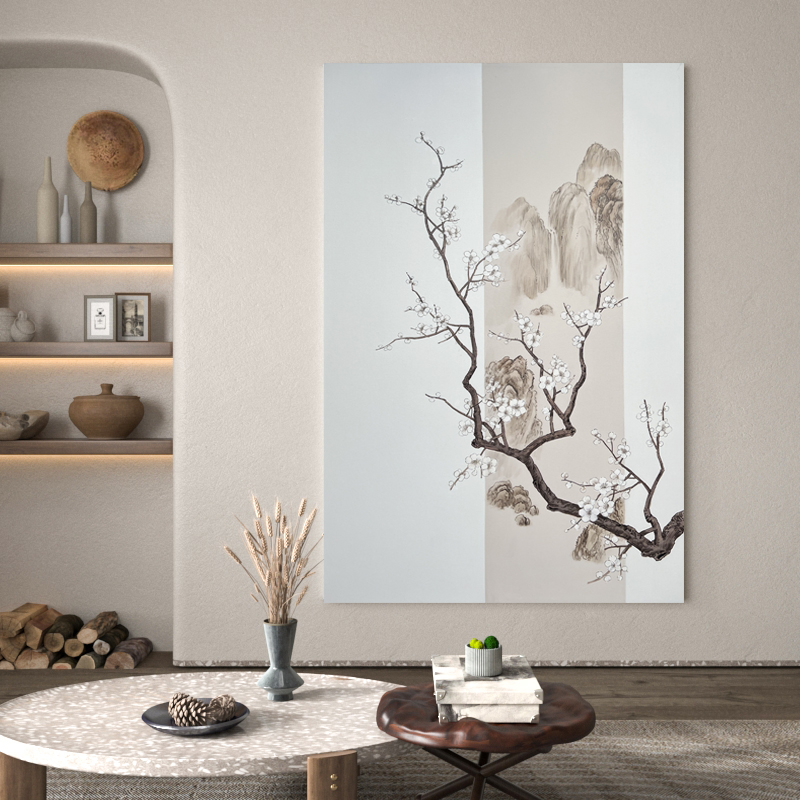 【梅开五福】手绘油画新中式创作客厅沙发背景墙画竖版装饰画玄关画
