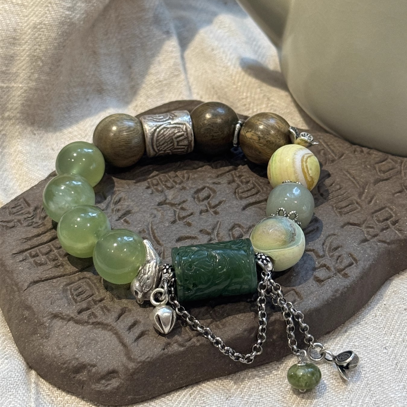 足银手链 S09264x<青提奶盖>浮雕桶珠大象银珠串珠手链