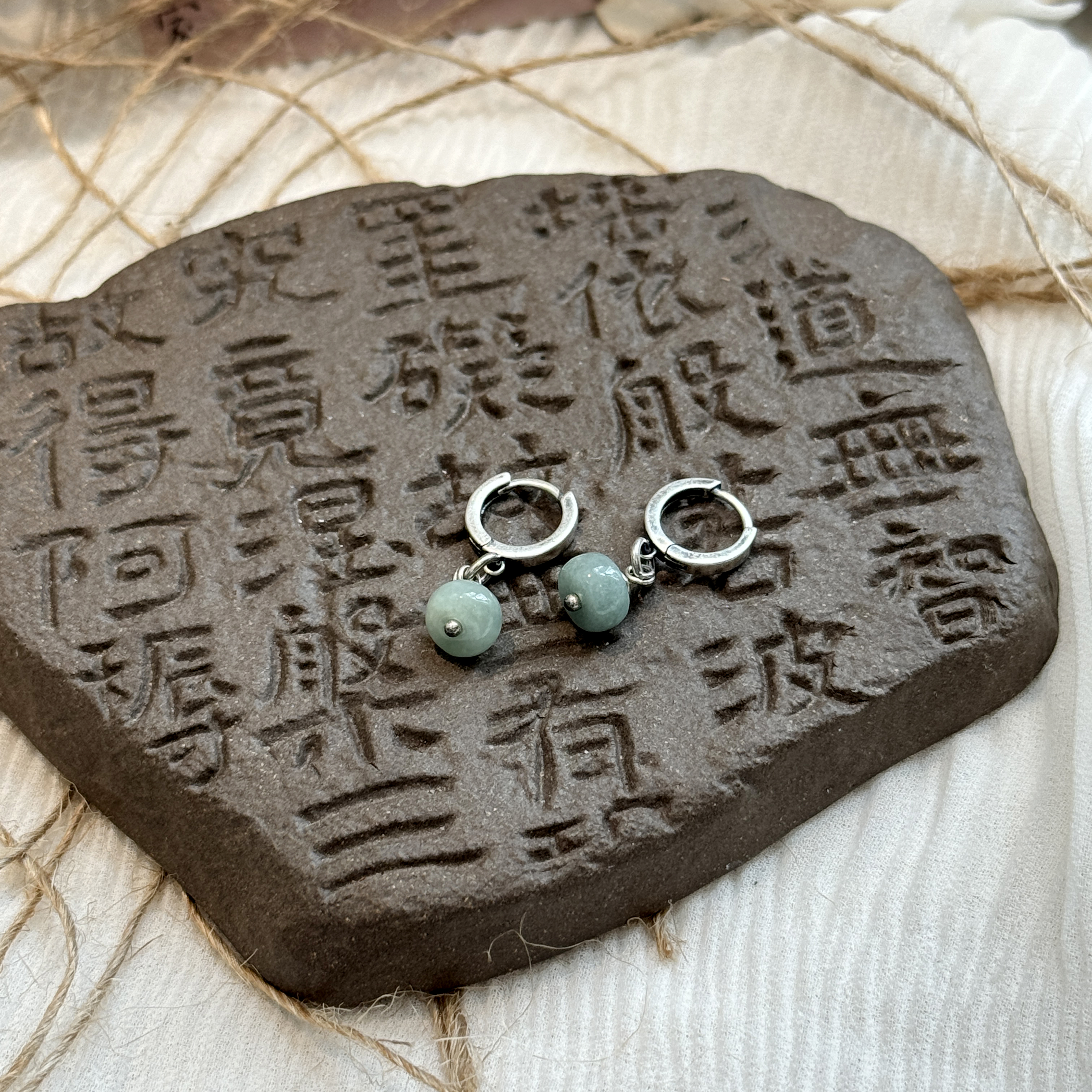 足银耳饰 E25130 七宝 绿色平安扣耳扣耳环