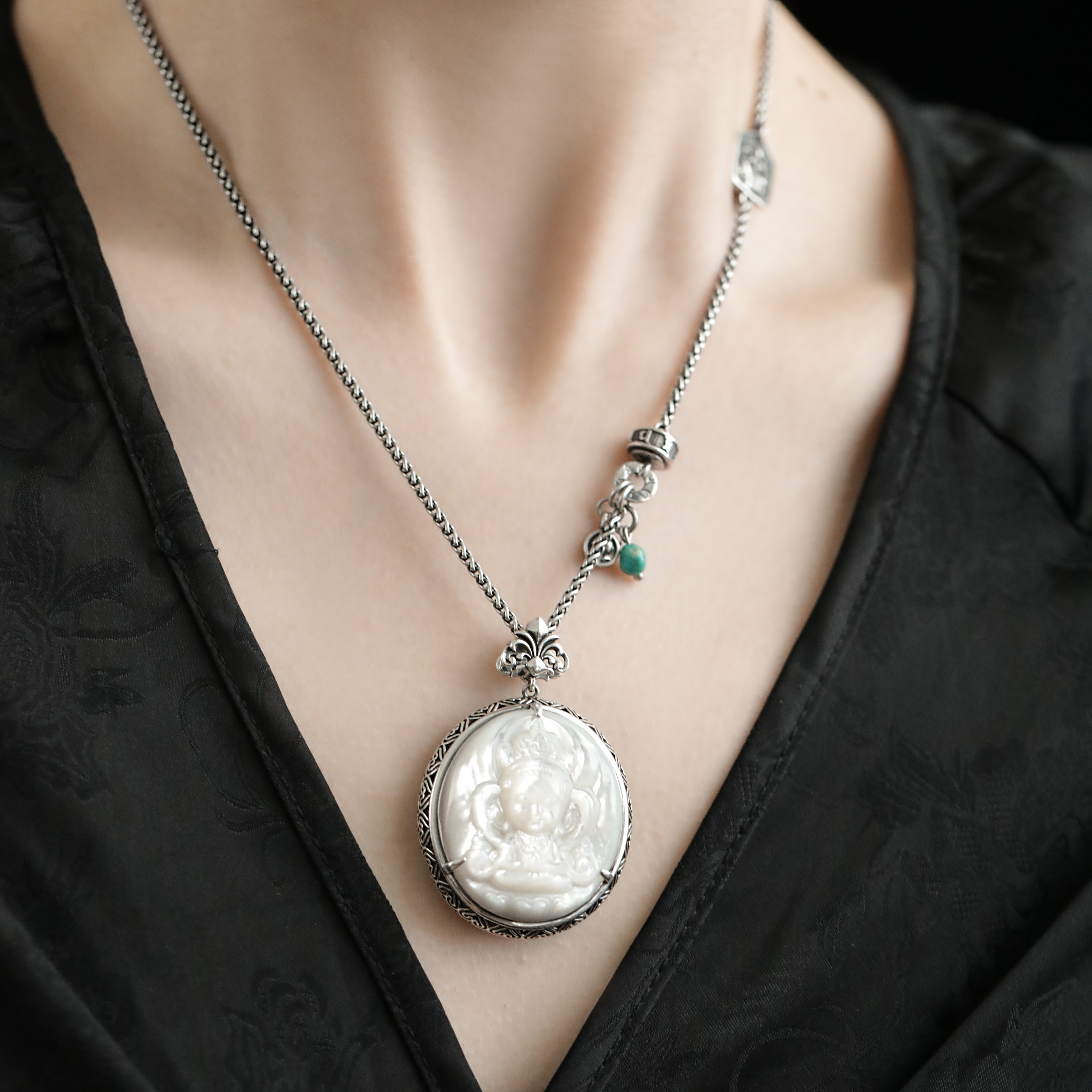 吊坠925银 M7027[白富美]白贝精雕绿度母泰银仅吊坠手工轻奢高级