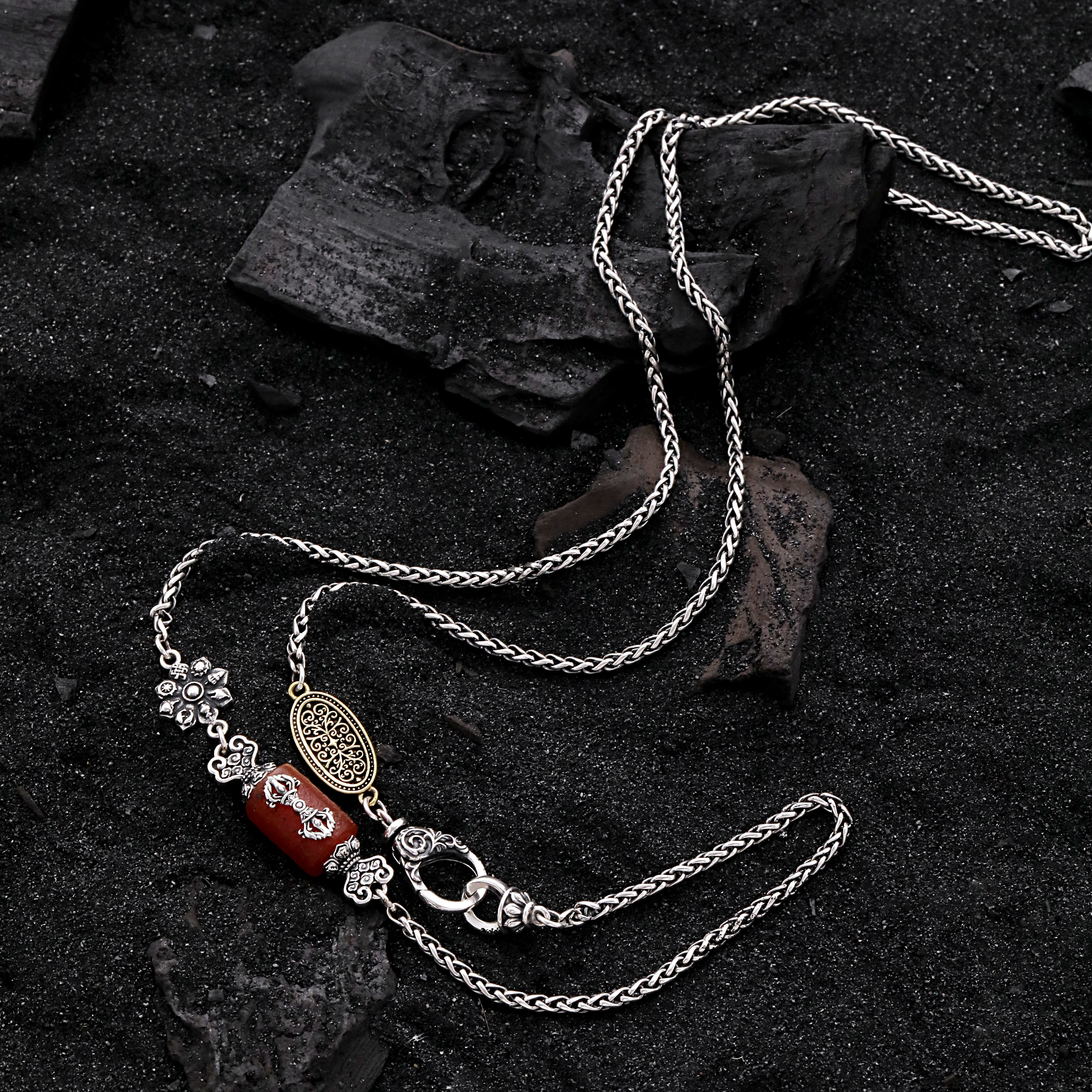 坠链均925银 N16516 祥云杵红色桶珠八宝莲花链条项链