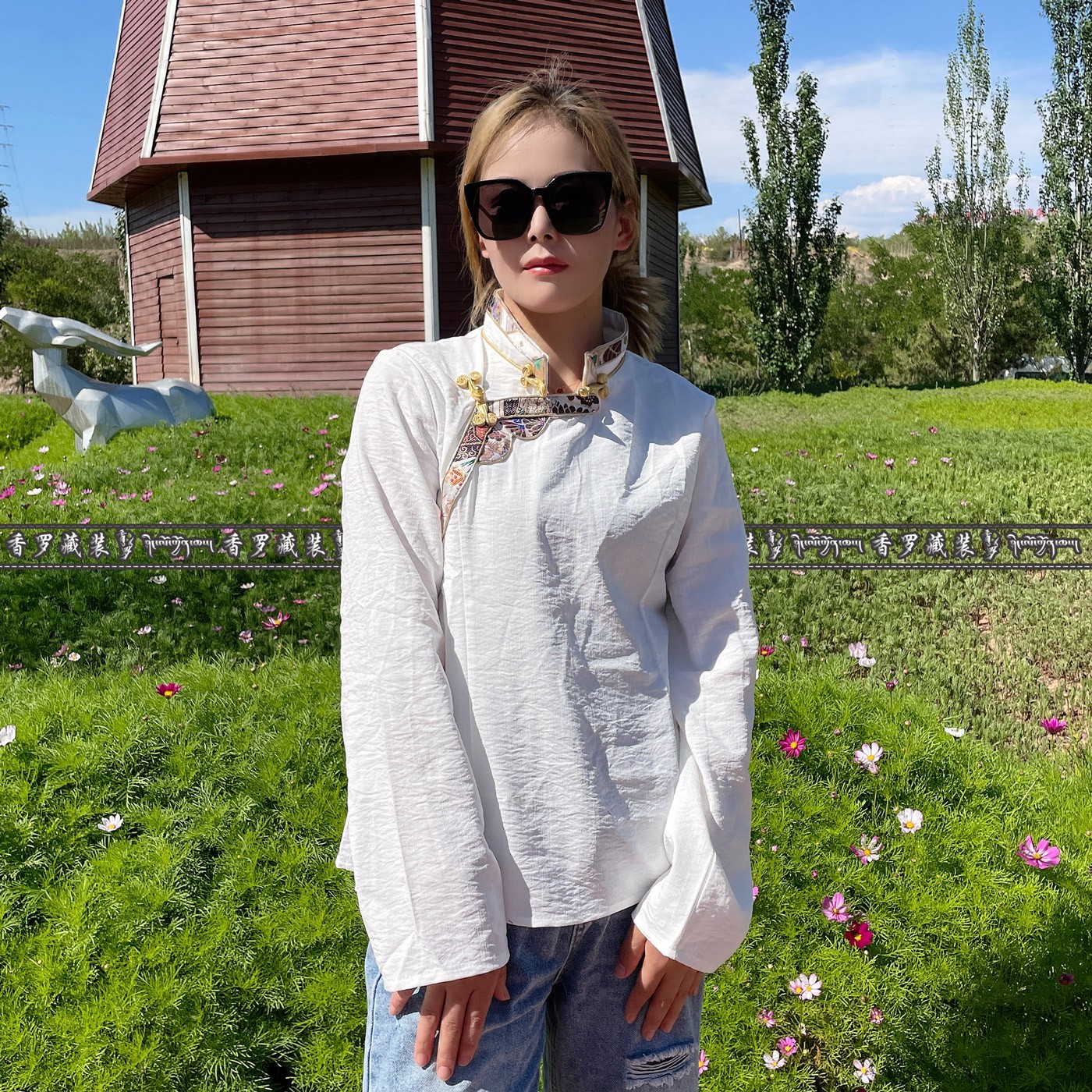女士新款民族藏装时尚百搭提花纯棉包边衬衫休闲修身藏服衬衣内搭