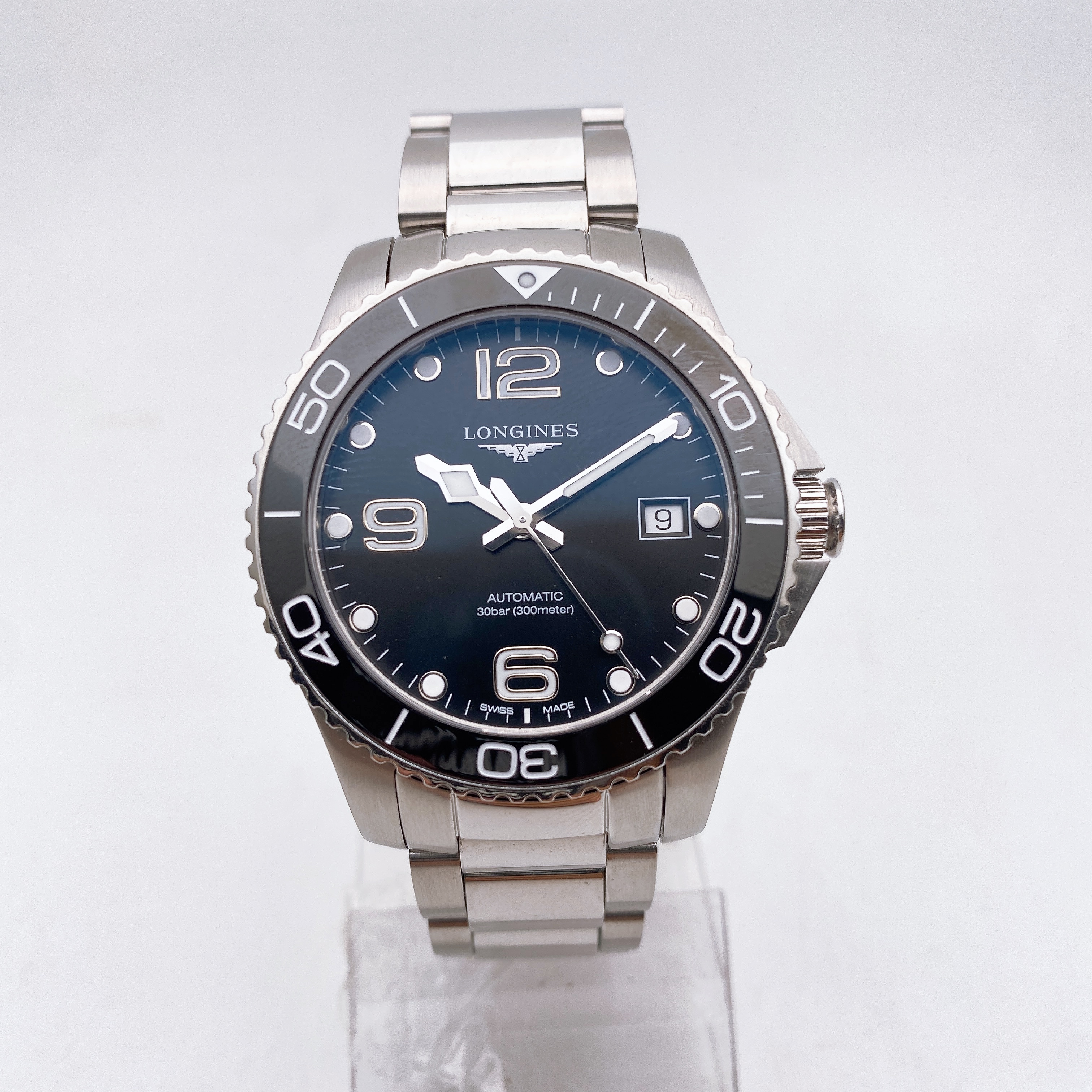 95新 Longines/浪琴 康卡斯自动机械男士腕表/经典黑盘夜光名表