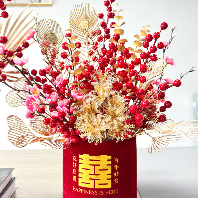 新年福桶创意摆件福桶盆栽发财红果仿真花客厅房间摆设品新婚礼物