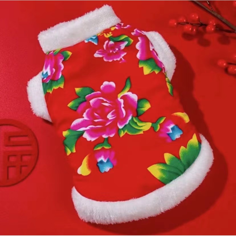 小中大犬新年高弹可爱大花袄龙袍厚实弹性短款宠物两脚衣用品泰迪