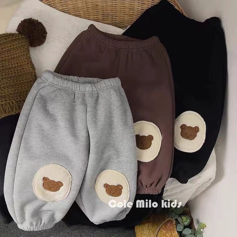 优选 冬装儿童宝宝可爱小熊贴布加绒卫裤男女童保暖加厚宽松收脚