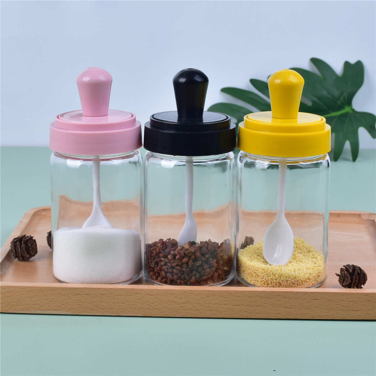 【新疆包邮】创意厨房玻璃调味罐四件套勺盖一体调料瓶盐罐调味盒