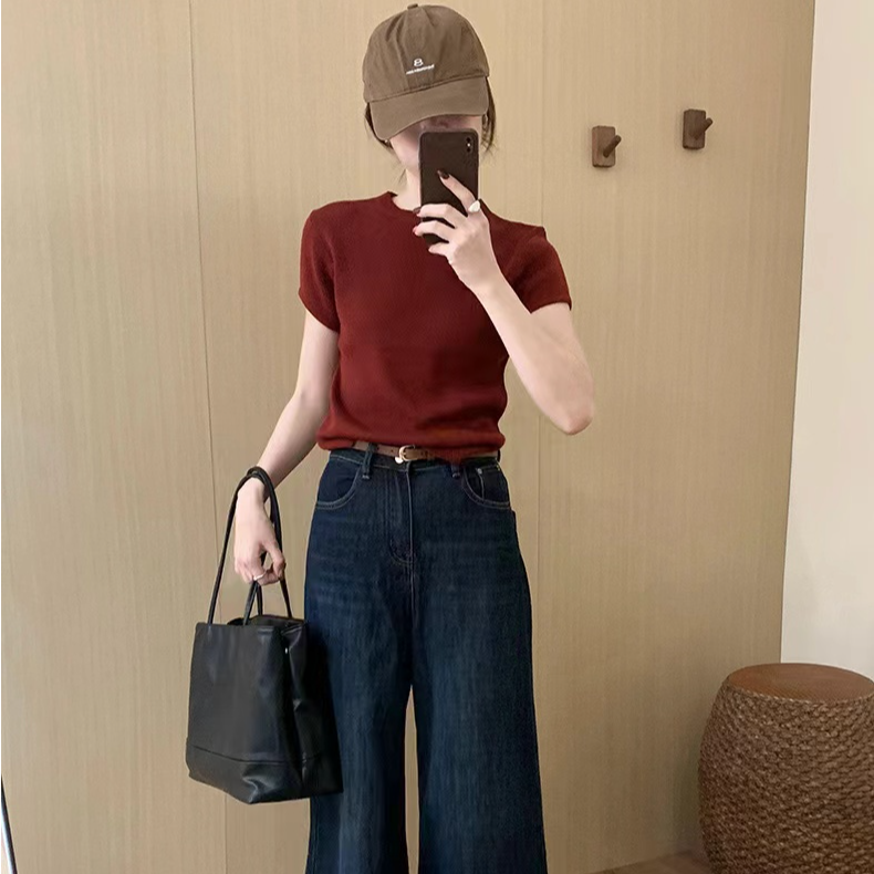 2024新款早秋季休闲简约短袖上衣搭配牛仔裤阔腿裤显瘦百搭女洋气