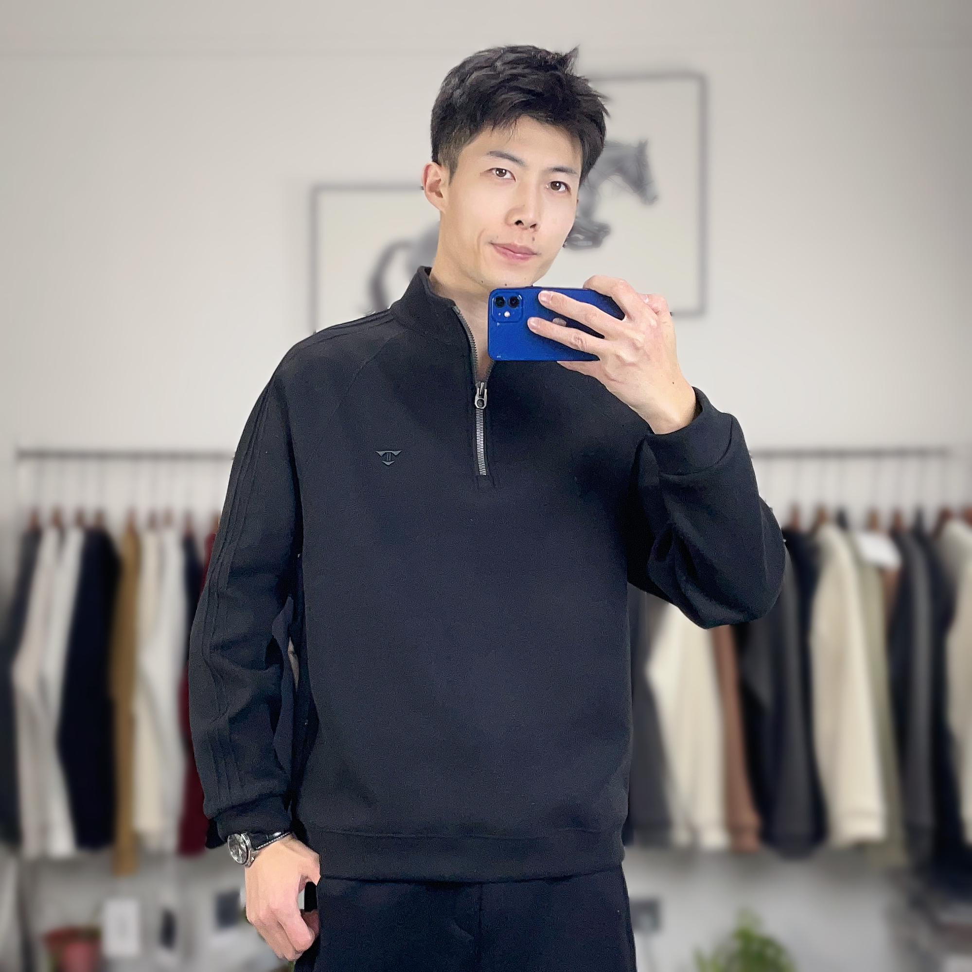 冬季上新保暖明线蓄热锁温重磅舒适纯色半拉链加厚男卫衣0777