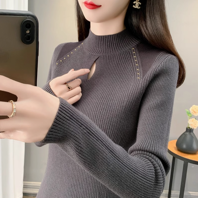 【80-180斤】设计感半高领钉珠打底衫毛衣女秋冬季洋气内搭镂空上衣