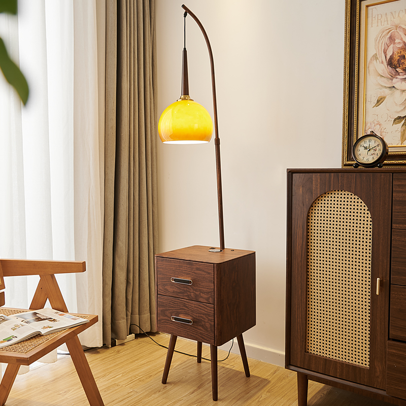 中古风卧室南瓜氛围感柚子装饰置物钓鱼灯立式床头柜落地灯一体