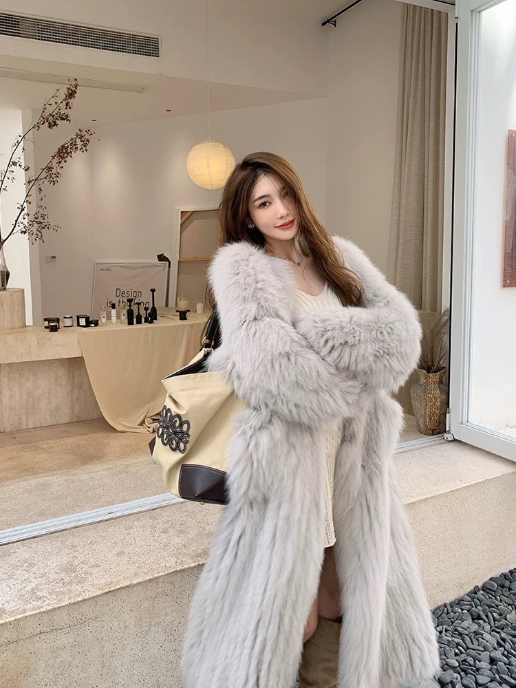 2023狐狸毛长款90长双面编织女外套