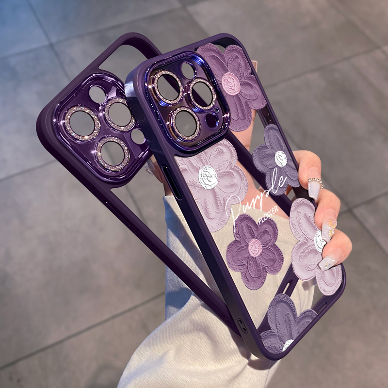 油画花朵iphone15plus手机保护壳闪粉镜头膜苹果14promax保护套全