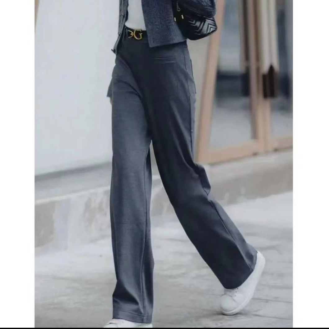GIRDEAR/哥弟磨毛保暖两粒扣轻职场直筒高腰阔腿裤长裤1100469