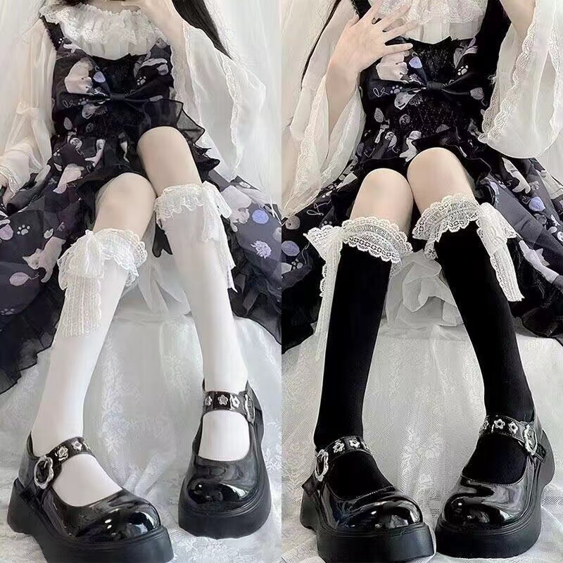蕾丝花边lolita袜子女可爱日系jk小腿袜薄款辣妹蝴蝶结中筒袜 
