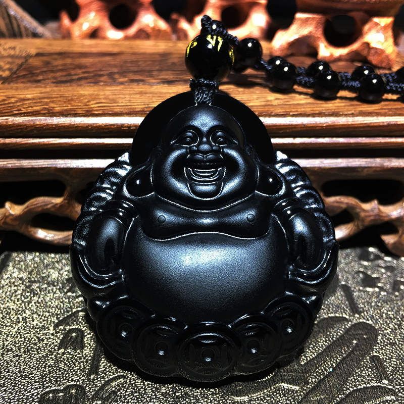 天然纯黑曜石五帝钱弥勒佛吊坠  金钱大肚笑佛男女款珠链礼物挂件