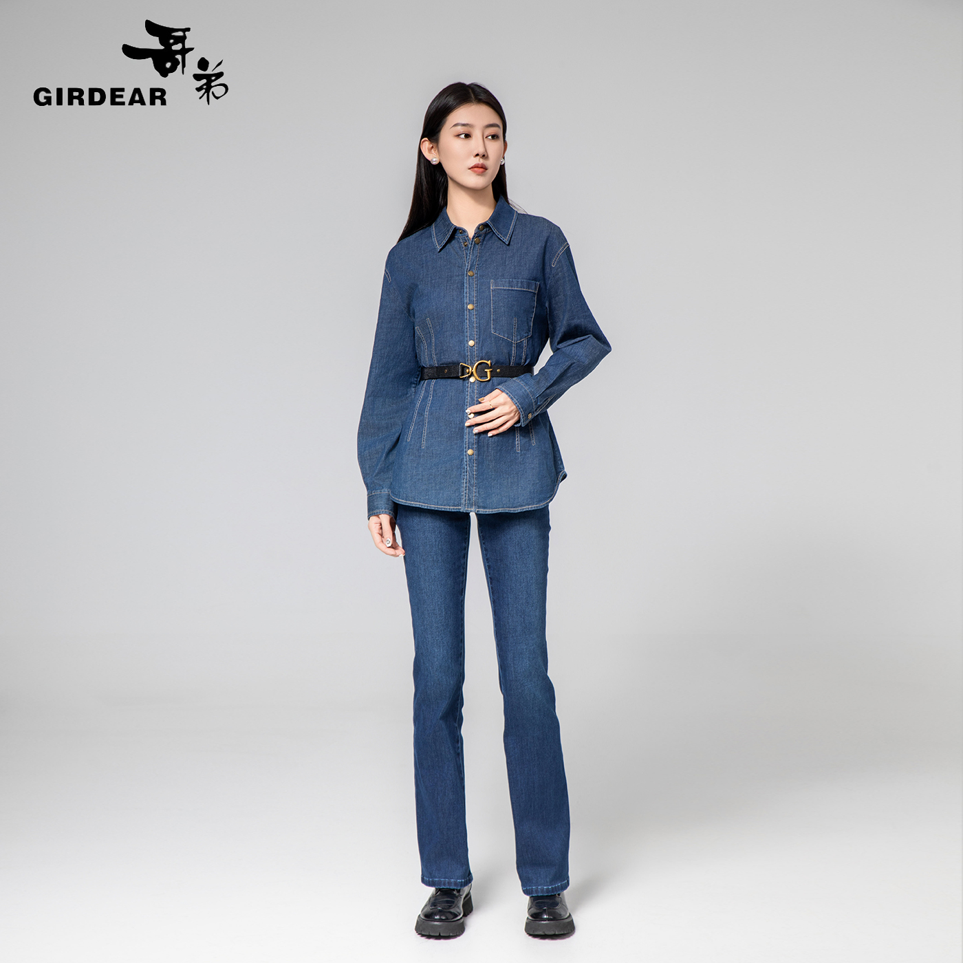 GIRDEAR/哥弟冬季复古牛仔气质显瘦质感长袖衬衫外套1300835