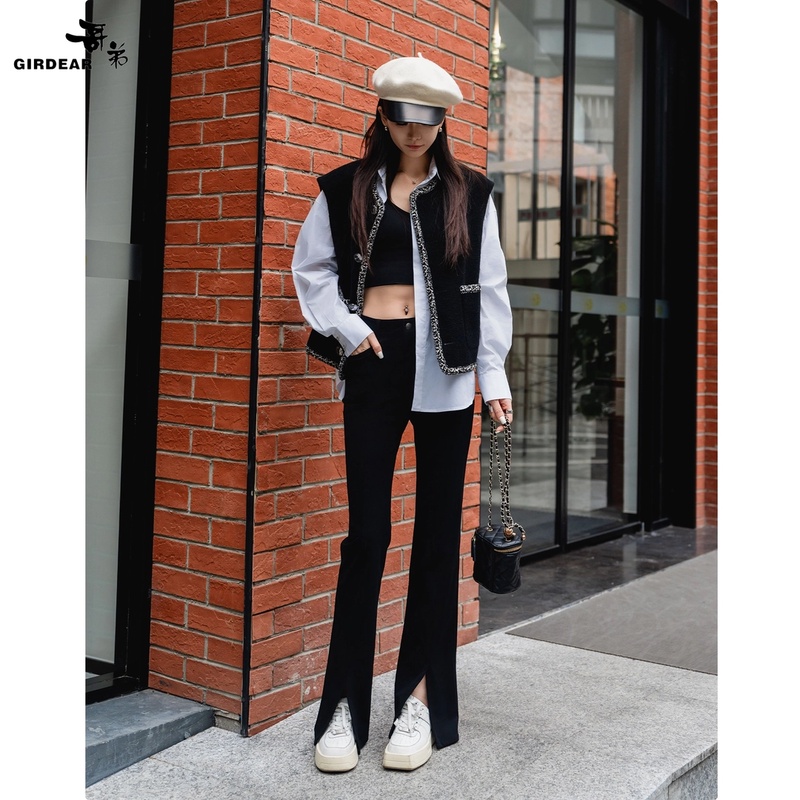 GIRDEAR/哥弟夏季新款高腰修身显瘦黑色九分小微喇开叉裤1196452