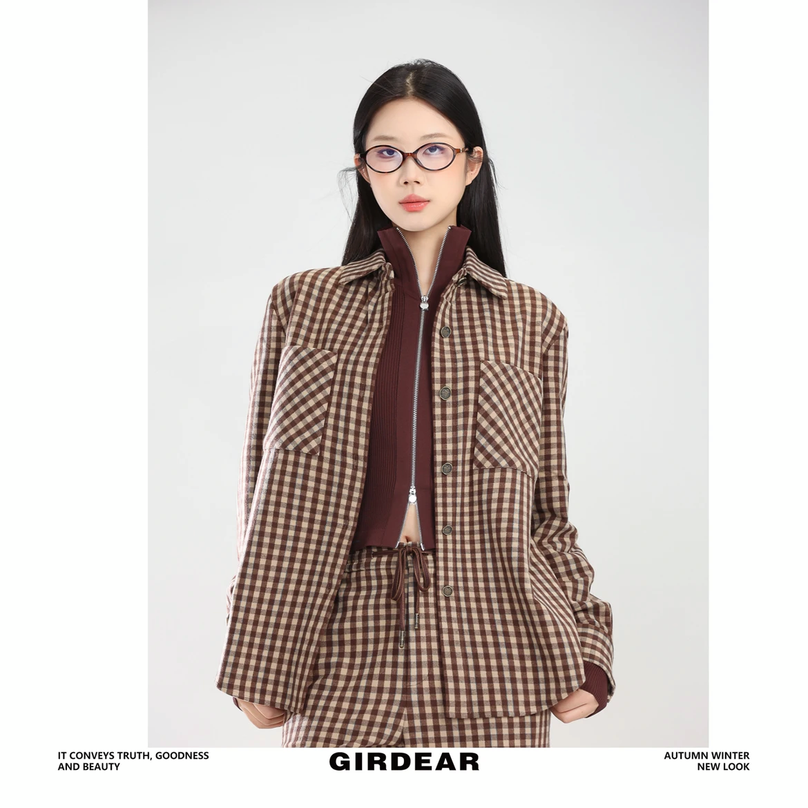 GIRDEAR/哥弟秋冬小个子休闲百搭通勤气质格子加绒衬衫1400458女