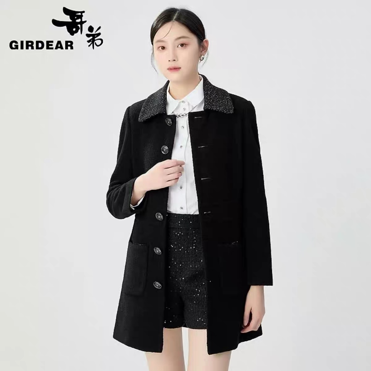 GIRDEAR/哥弟冬季新款时尚百搭亮片绵羊毛小香风翻领大衣1400806