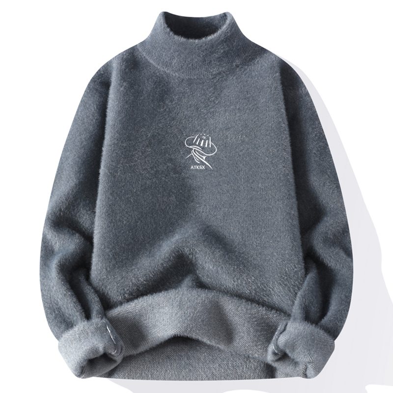 潮牌半高领毛衣男士加绒加厚宽松百搭中领保暖打底针织衫秋冬新款