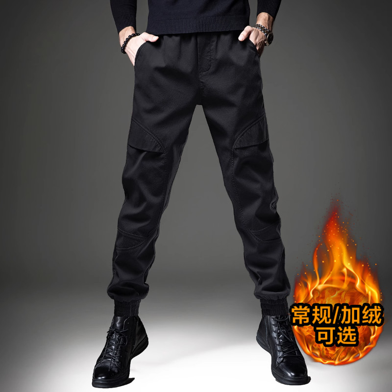 秋冬美式高端黑色工装裤男加绒宽松大码束脚阔腿长裤直筒休闲裤男