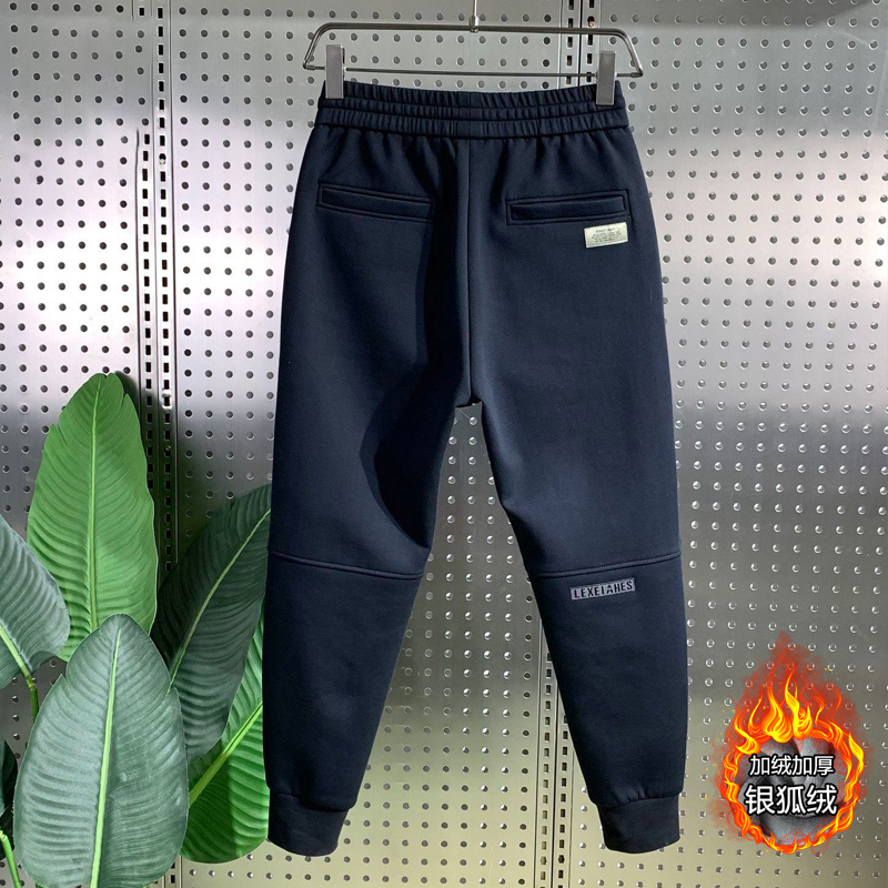 日系潮牌束脚贴标休闲长裤男加绒加厚针织弹力小脚运动卫裤春秋季