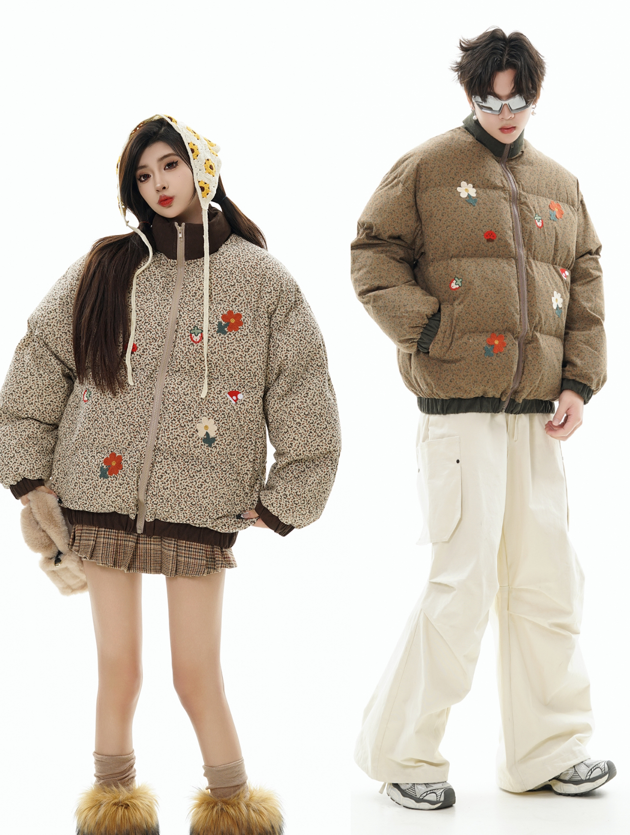 NONSEXIST美式潮牌美拉德复古碎花绣花撞色加厚棉服外套男女情侣