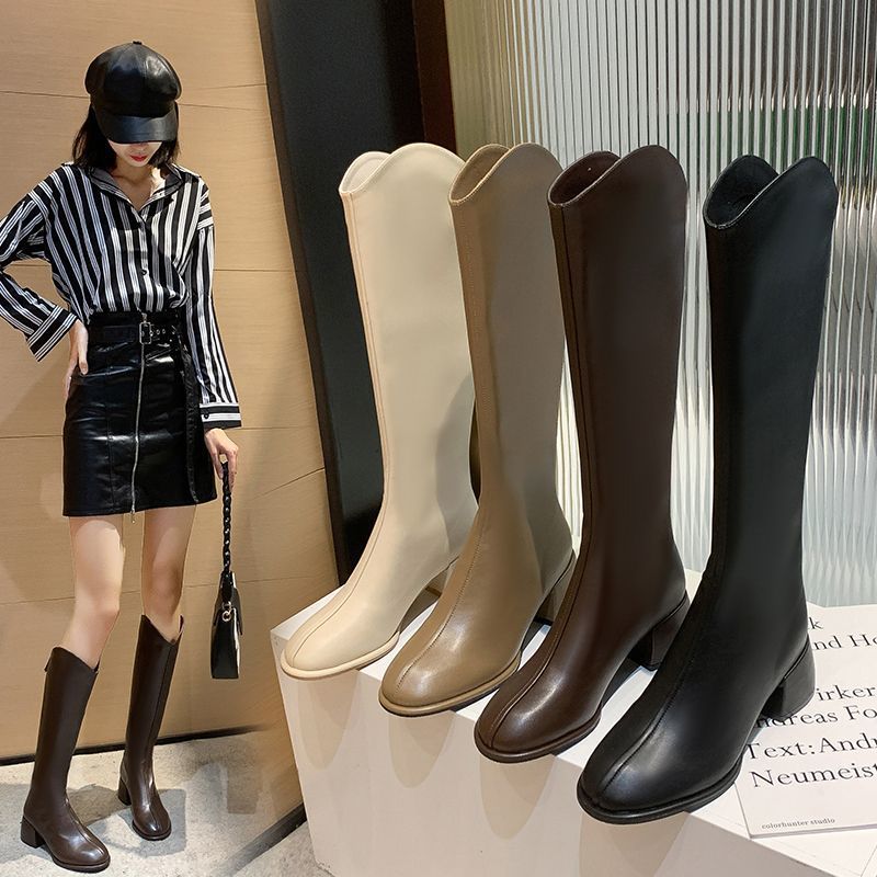 不过膝长靴V口长筒靴女秋冬季胖mm粗腿大筒围显瘦粗跟高筒骑士靴