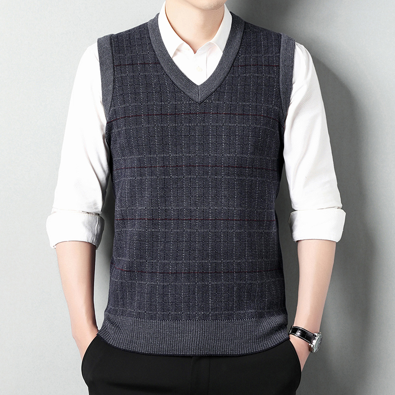 老爷车男士高档针织背心中老年商务坎肩套头马甲V领打底爸爸装厚