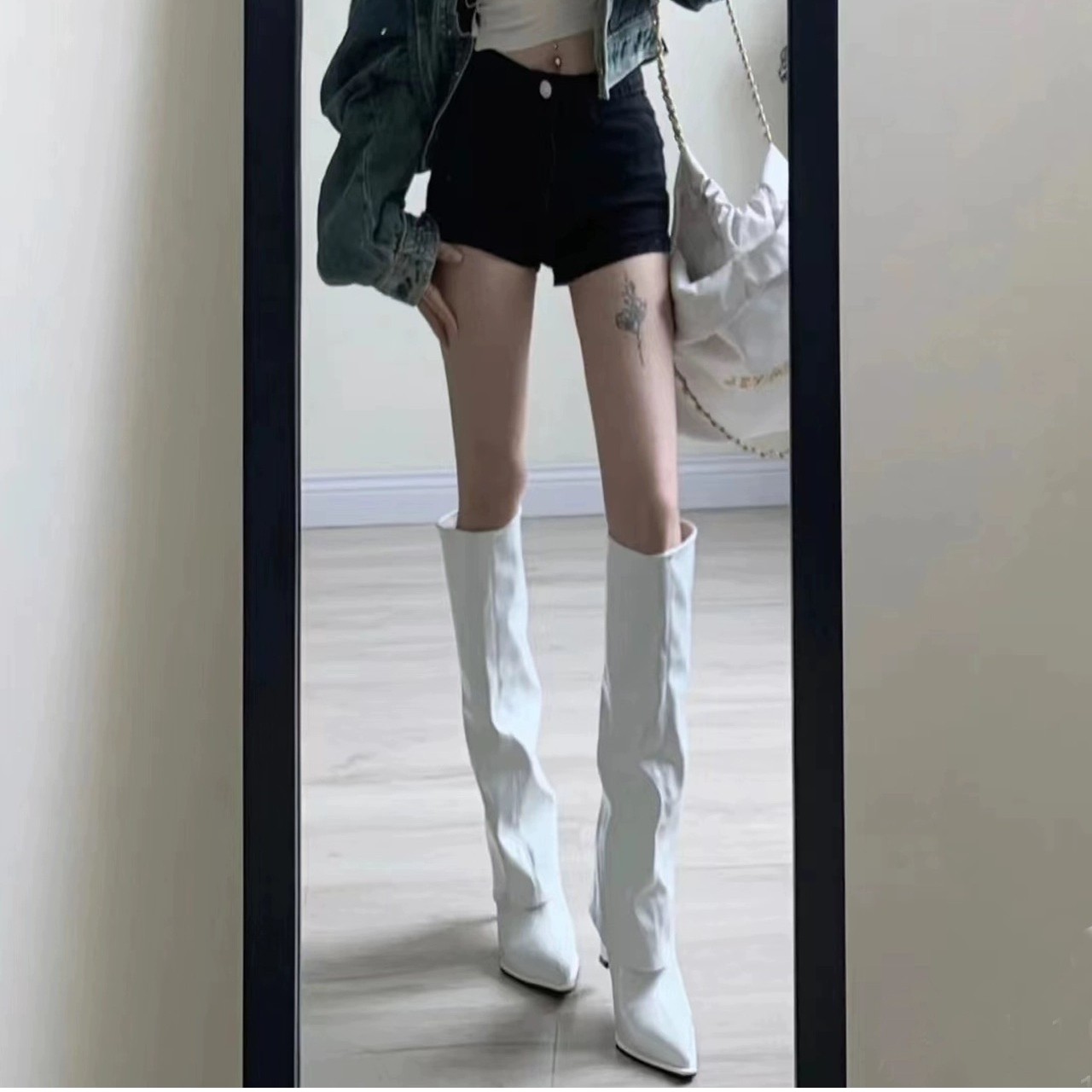 双层皮靴裤管靴不过膝尖头高筒细跟高跟长筒长靴子女秋冬欧美名媛