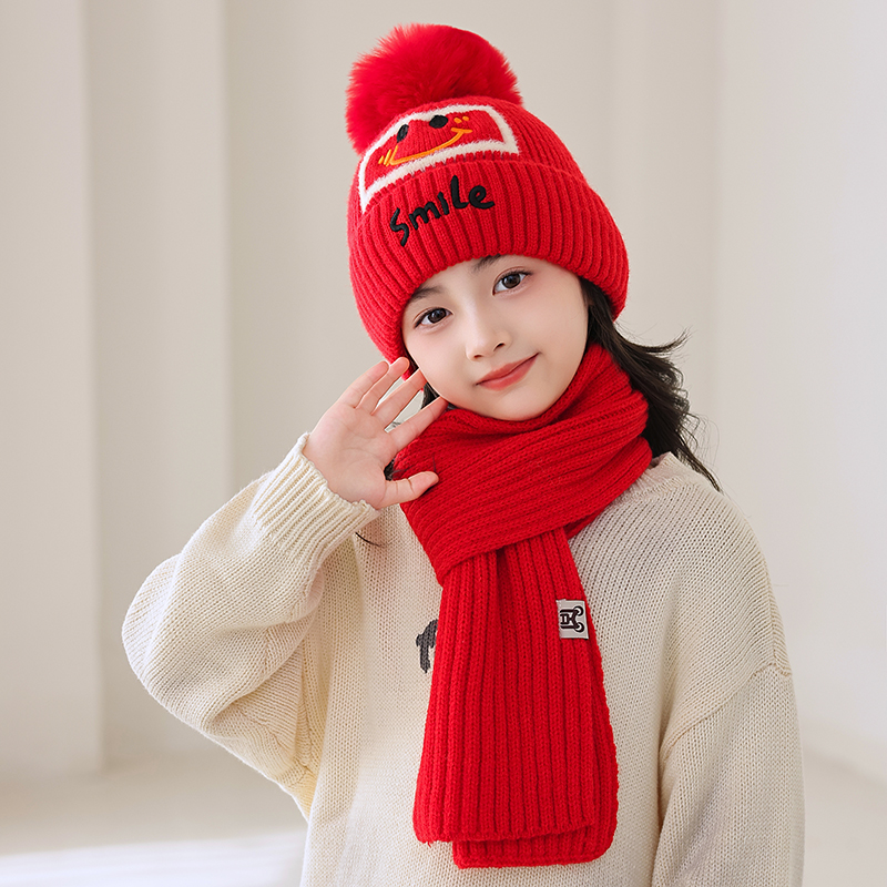 儿童冬保暖毛线帽子围巾套装洋气4-5-6-7-8岁9男女小孩新年红色帽