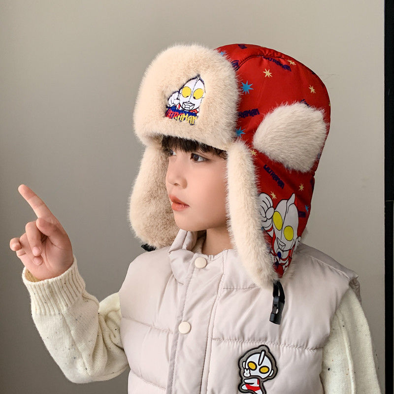 奥特曼男童帽子冬天东北儿童雷锋帽加绒加厚保暖护耳套头雪地帽潮