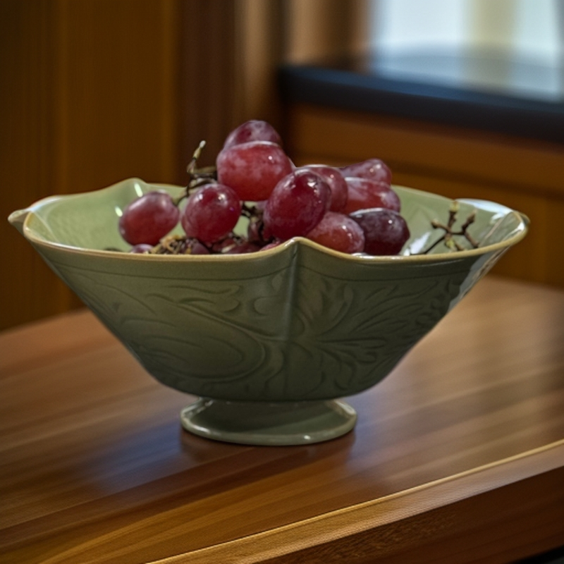 【长安知己】耀州窑青瓷纯手工刻花折楞宝相花牡丹花口大果盘碗冰桶