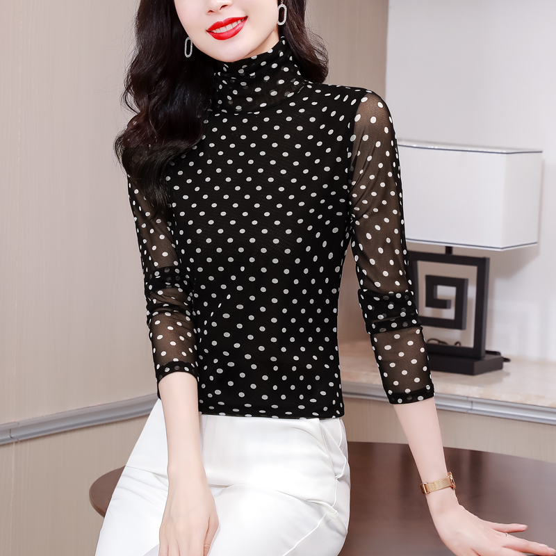 秋冬新款长袖堆堆领长袖打底衫时尚波点印花高领上衣内搭经典小衫