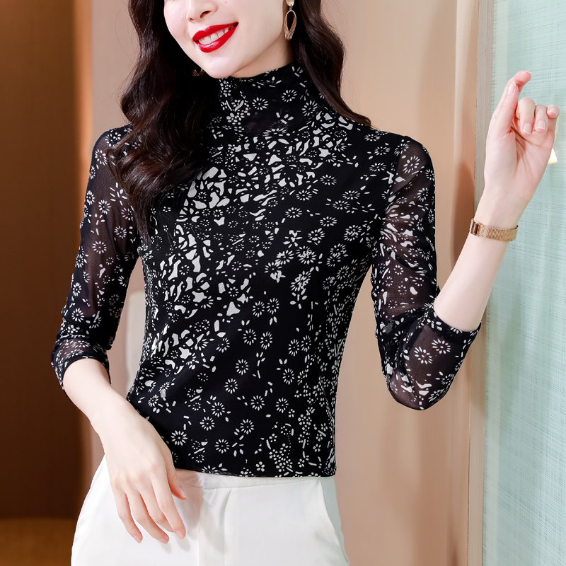 【粉丝专享】秋冬长袖高领t恤时尚洋气小衫碎花印花显瘦设计感上衣