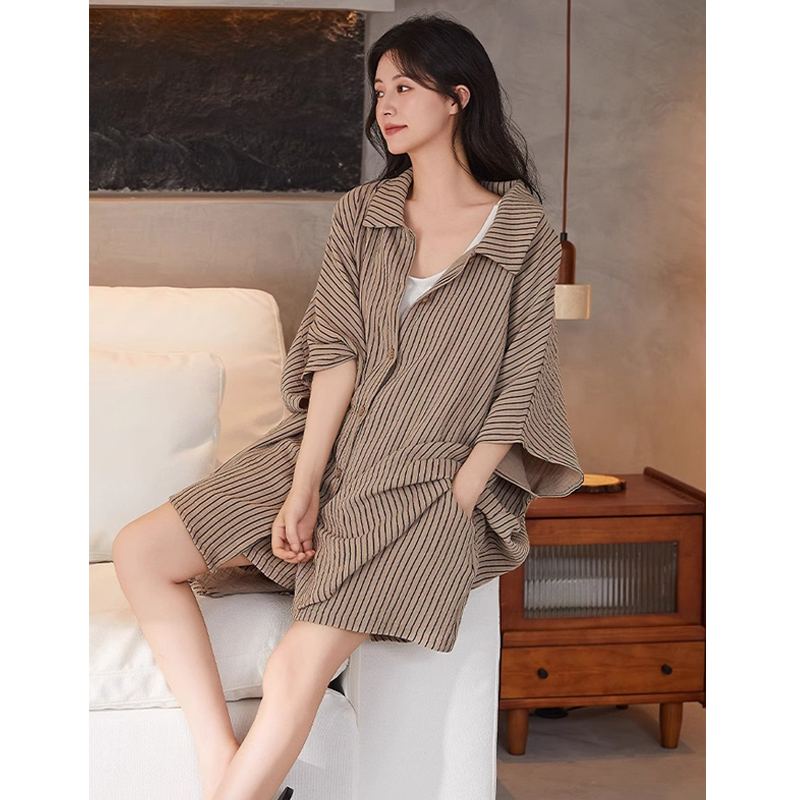 艾唯绅睡衣女春秋夏2025新款五分袖短裤宽松条纹长袖家居服套装秋