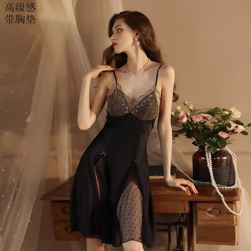 1048夏季性感显瘦吊带睡裙蕾丝拼接露背系带式女士薄款纯欲气质