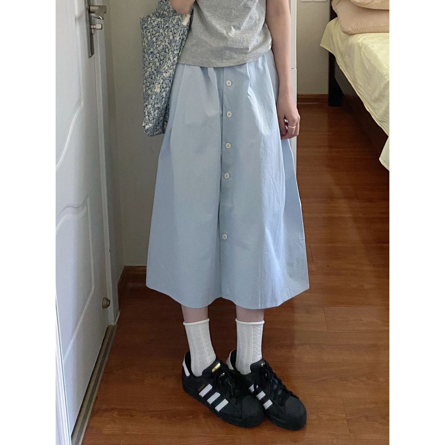 简约韩版蓝色裙子女夏季高腰修身显瘦宽松纽扣A子型中长裙小众款